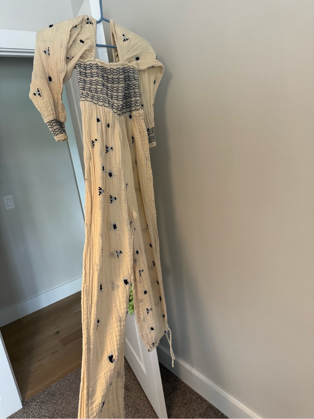 Free People Cream Gauze Smocked Jumpsuit with Navy Embroidery